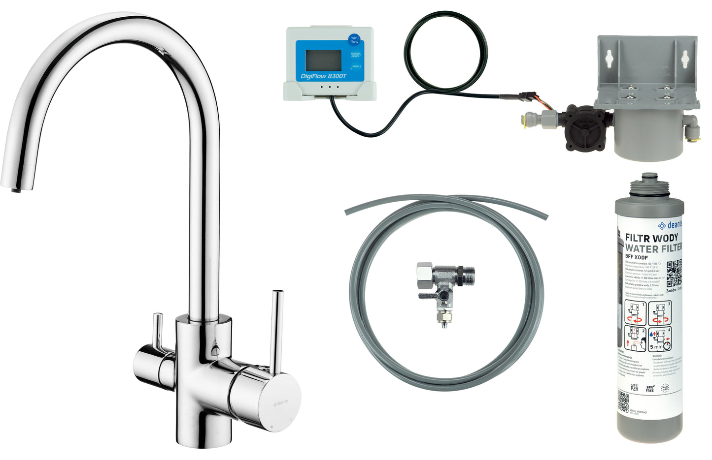 Deante Küchenarmatur mit Filtersystem für Trinkwasser Komplettset Bogen-Auslauf Chrom