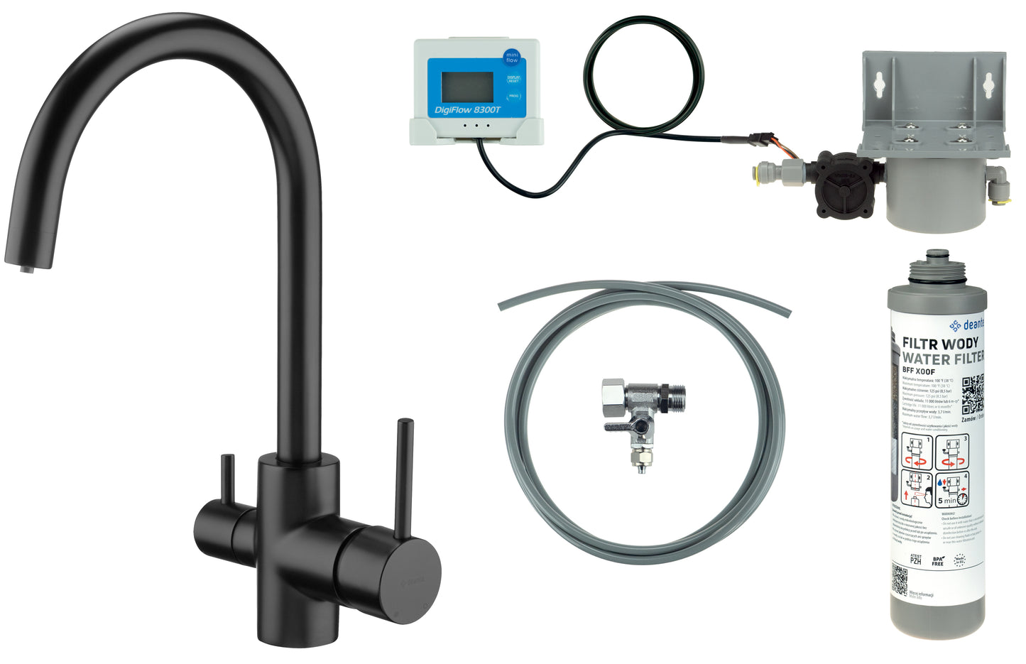 Deante Küchenarmatur mit Filtersystem für Trinkwasser Komplettset Bogen-Auslauf Schwarz