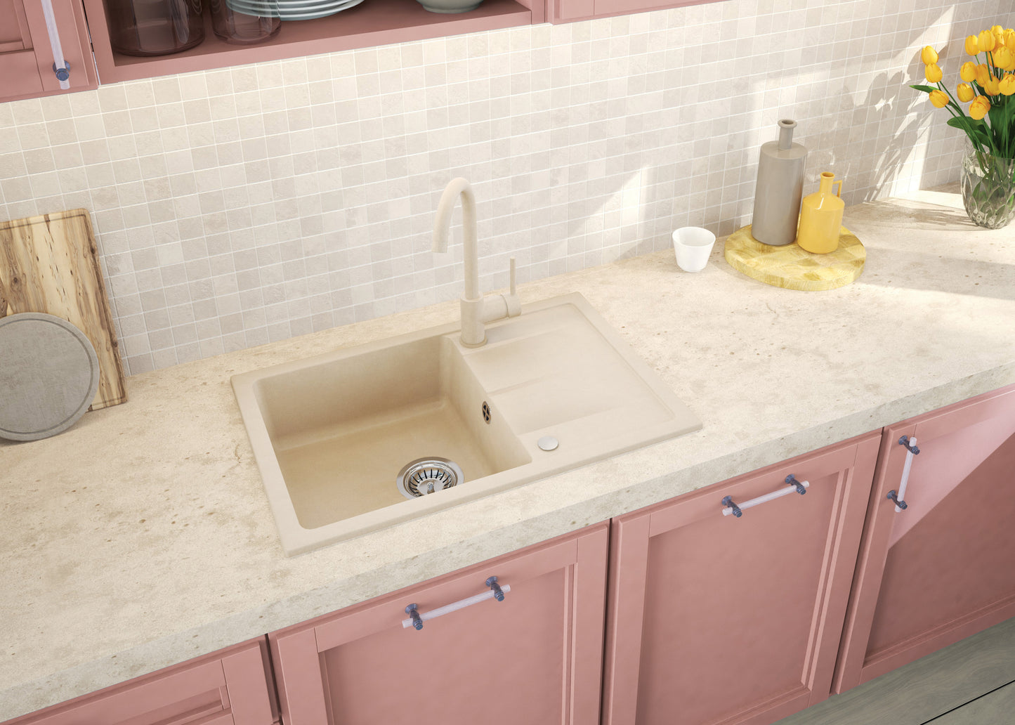 Deante LEDA Granit-Küchenspüle mit Abtropfbereich 67 x 44 cm reversibel Beige