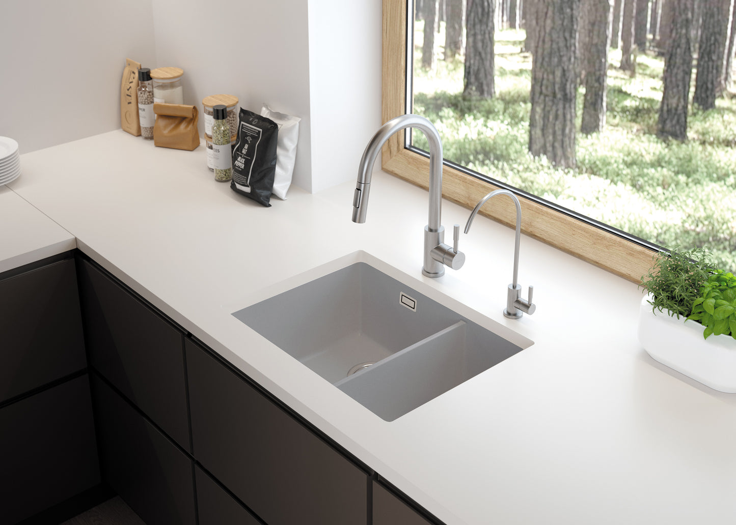 Deante ERIDAN Küchenspüle aus Granit 1,5-Becken 60 x 52 cm Excenterbetätigung Grau Metallic
