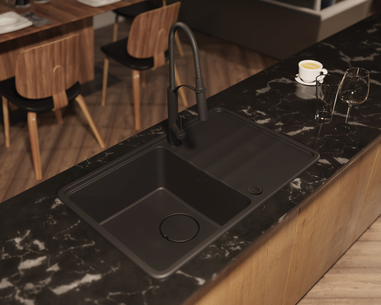 Deante MOMI Granitspüle 67 x 44 cm mit Abtropfbereich und Schneidebrett Anthrazit Metallic