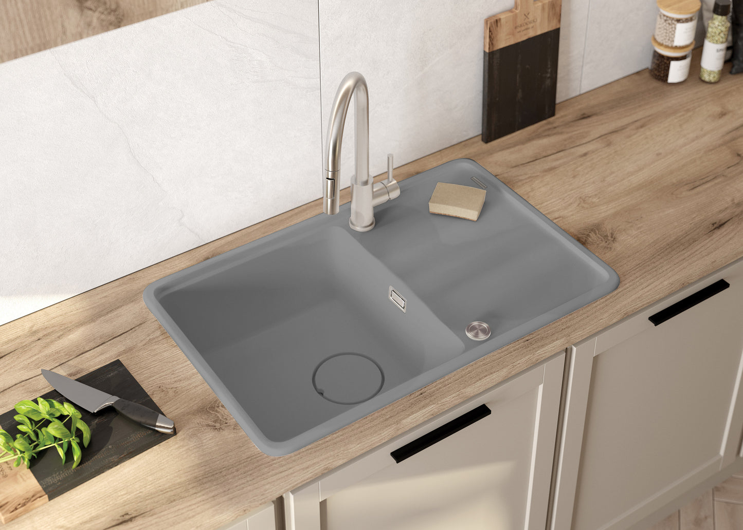 Deante MOMI Granitspüle 78 x 50 cm mit Abtropfbereich und Schneidebrett Grau Metallic