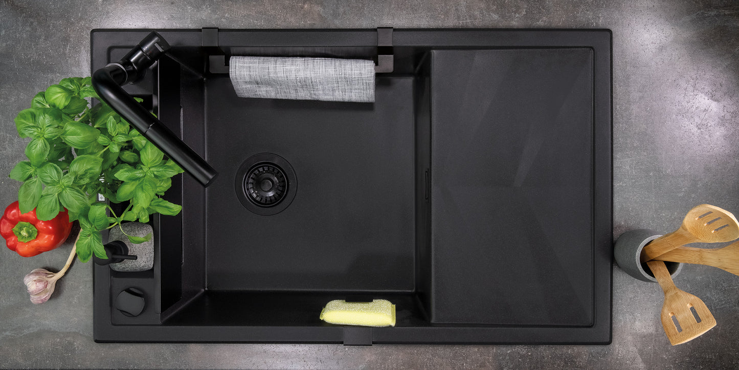Deante MAGNETIC Granitspüle Abtropffläche & modulare Ablage 64 x 50 cm Schwarz