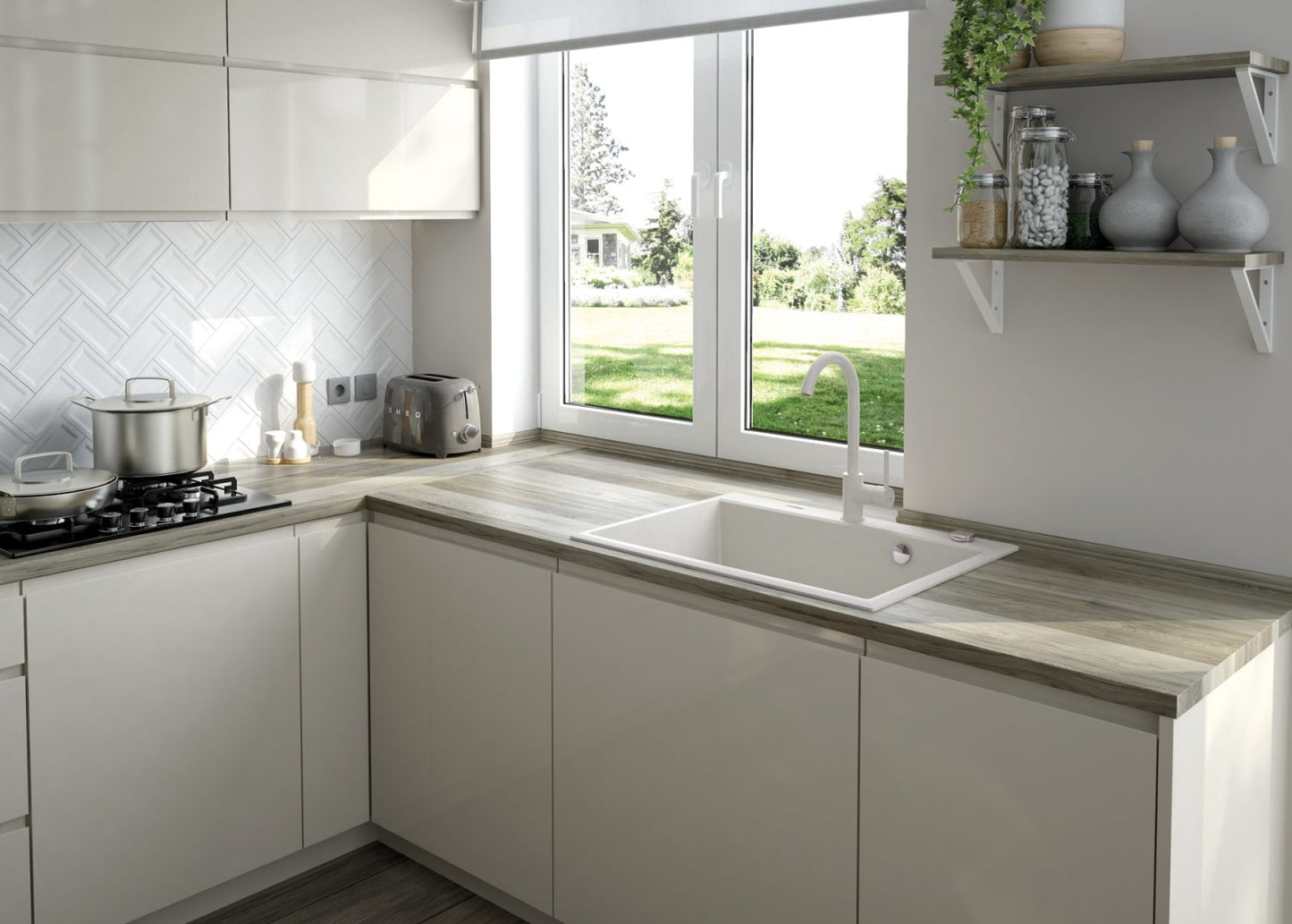 Deante ANDANTE Granitspüle 60 x 52 cm 1-Becken rechteckig mit Raumsparsiphon Alabaster