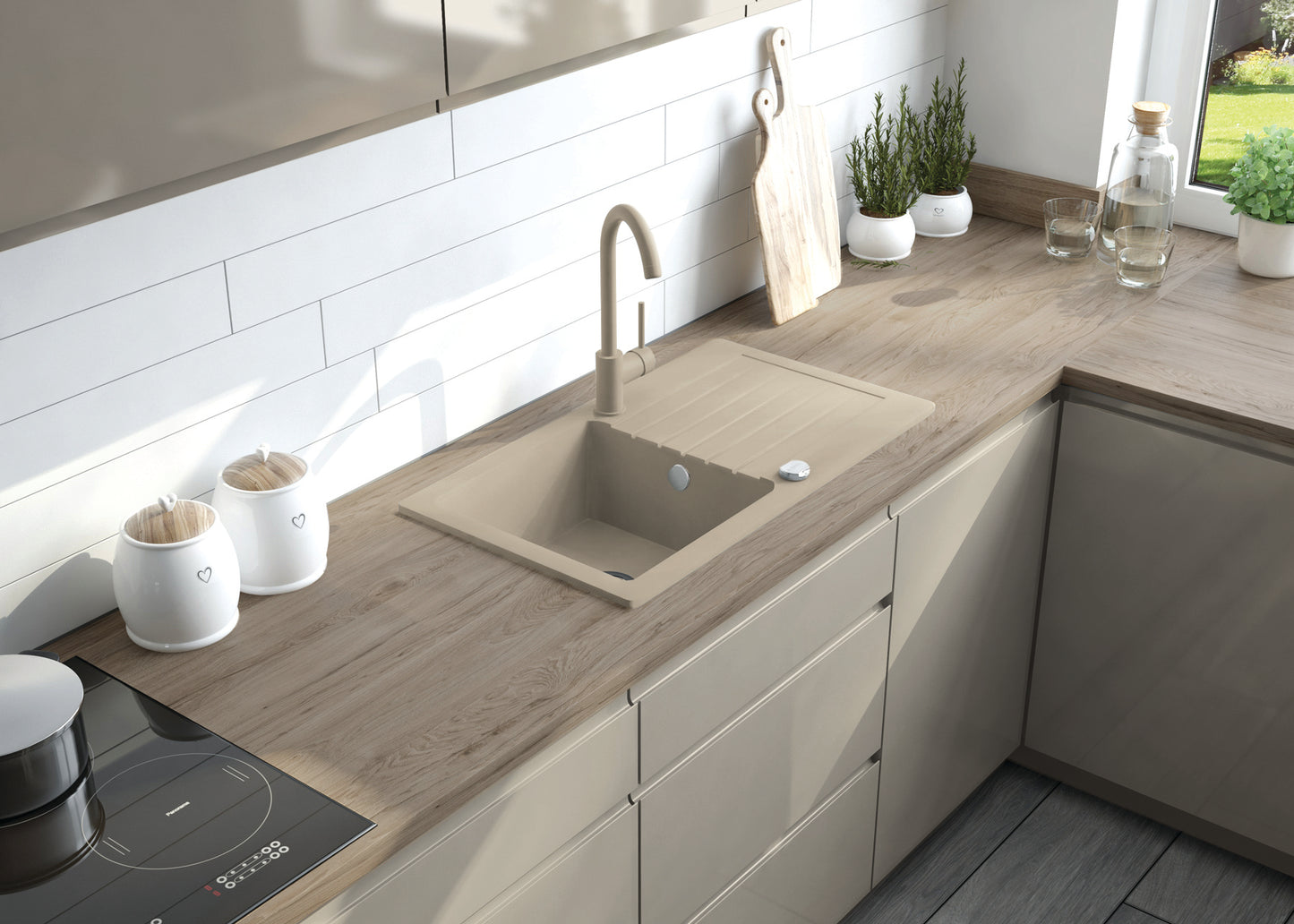 Deante ZORBA Granitspüle mit Abtropffläche + Armatur (Küchen-Set) 76 x 44 cm Beige