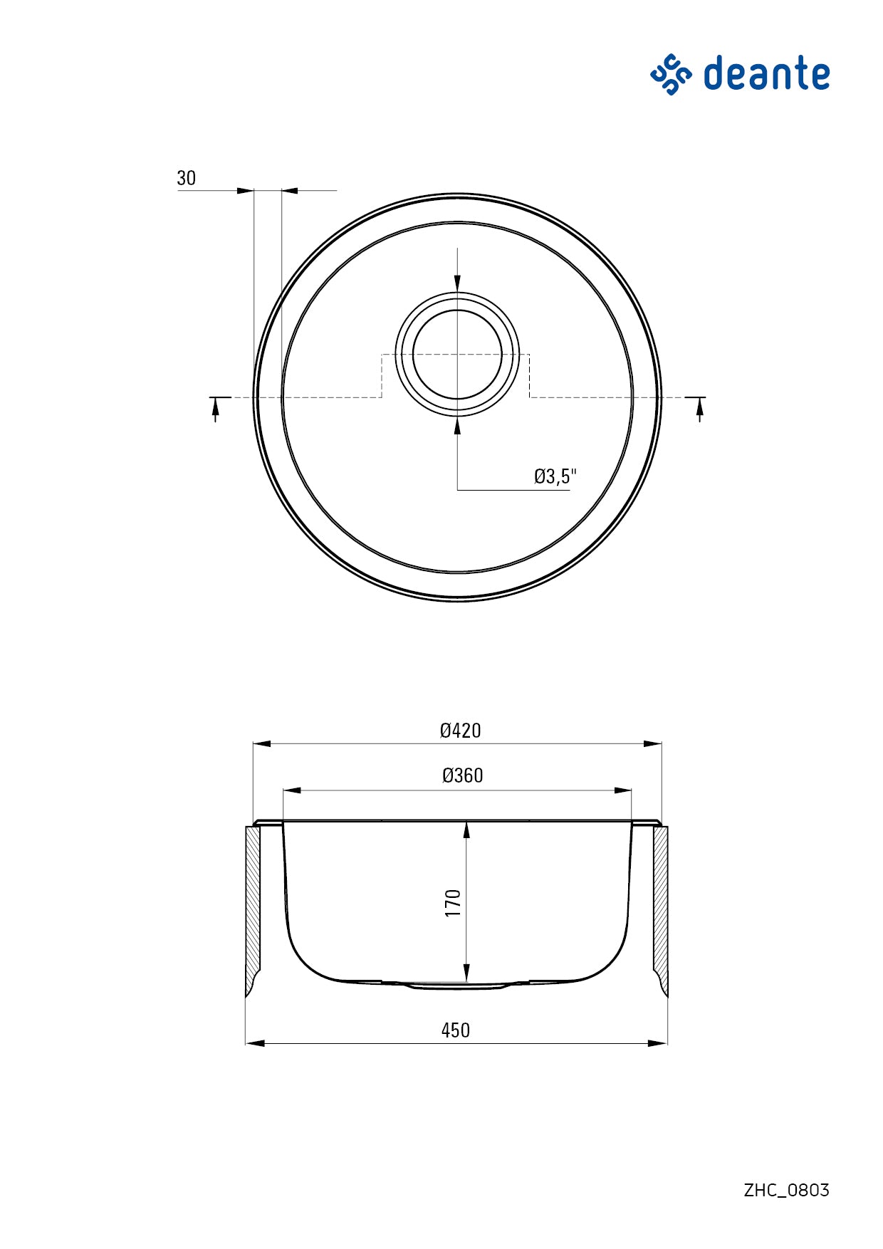 Deante TWIST Edelstahlspüle inklusive Siphon ⌀42 cm rund Stahl gebürstet