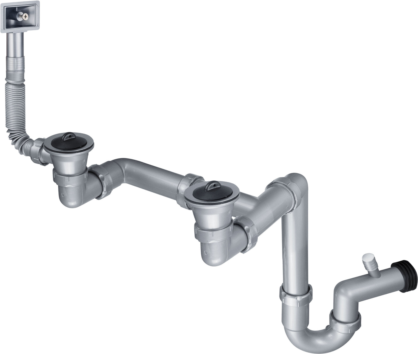 Deante Siphon für Edelstahlspülen mit 1,5 und 2 Becken für 2" Abfluss Grau