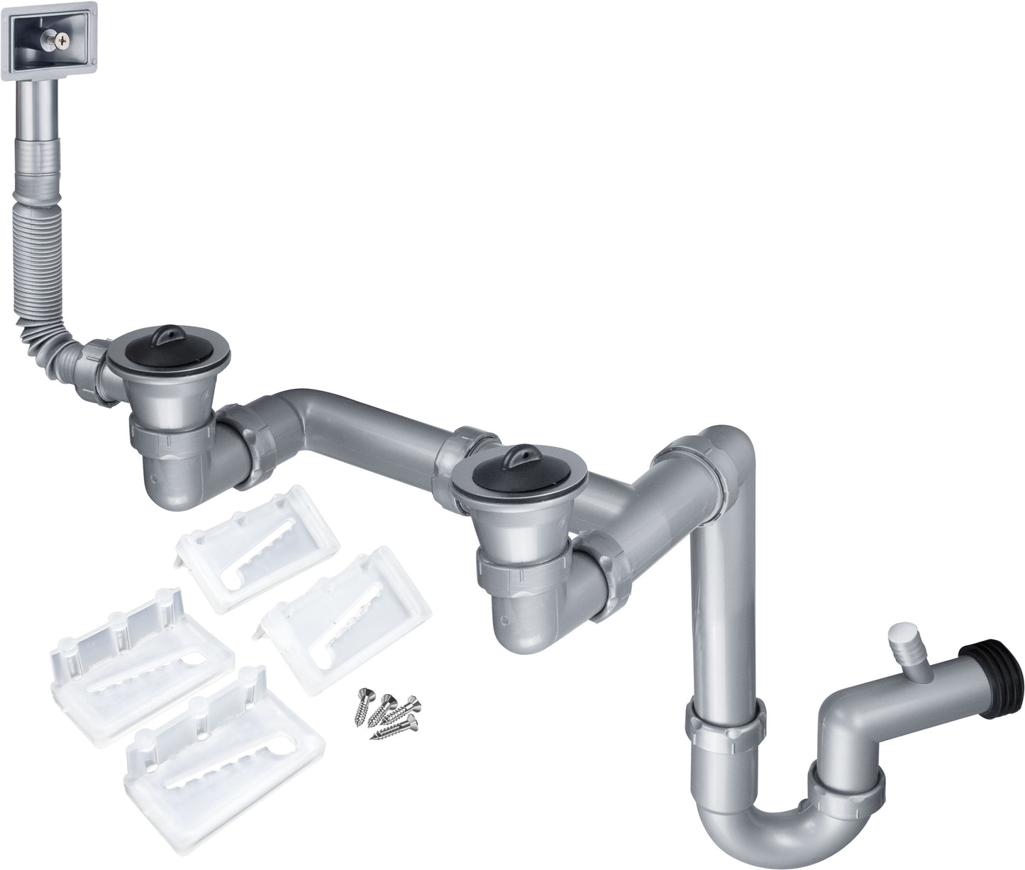 Deante Siphon für Edelstahl-Aufsatzspülbecken mit 2 Becken für 2" Abfluss Grau