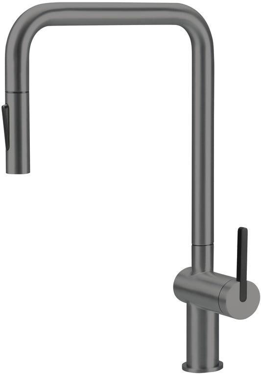 Deante MOMI hohe Spültischarmatur mit ausziehbarer Brause (2 Funktionen) Titanium