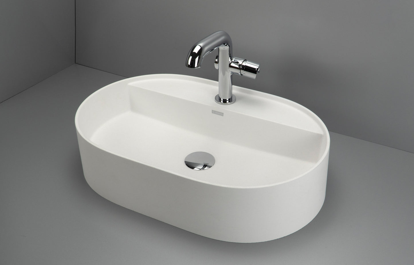 Deante SILIA Granit-Aufsatzwaschtisch mit Armaturenbank Oval 55 x 35 cm Alabaster