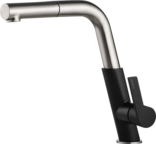 Deante SILIA Design-Küchenarmatur mit ausziehbarer Handbrause Schwarz / Stahl gebürstet