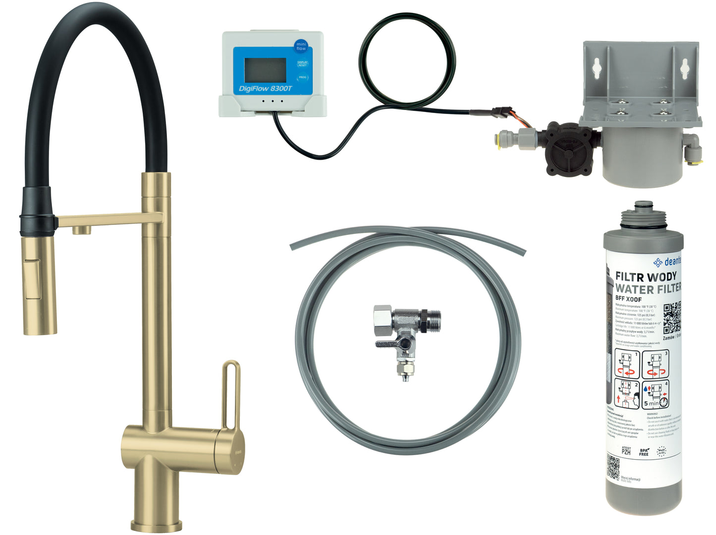 Deante MAGNETIC 3-Wege Küchenarmatur mit Filtersystem magnetisch Gold gebürstet