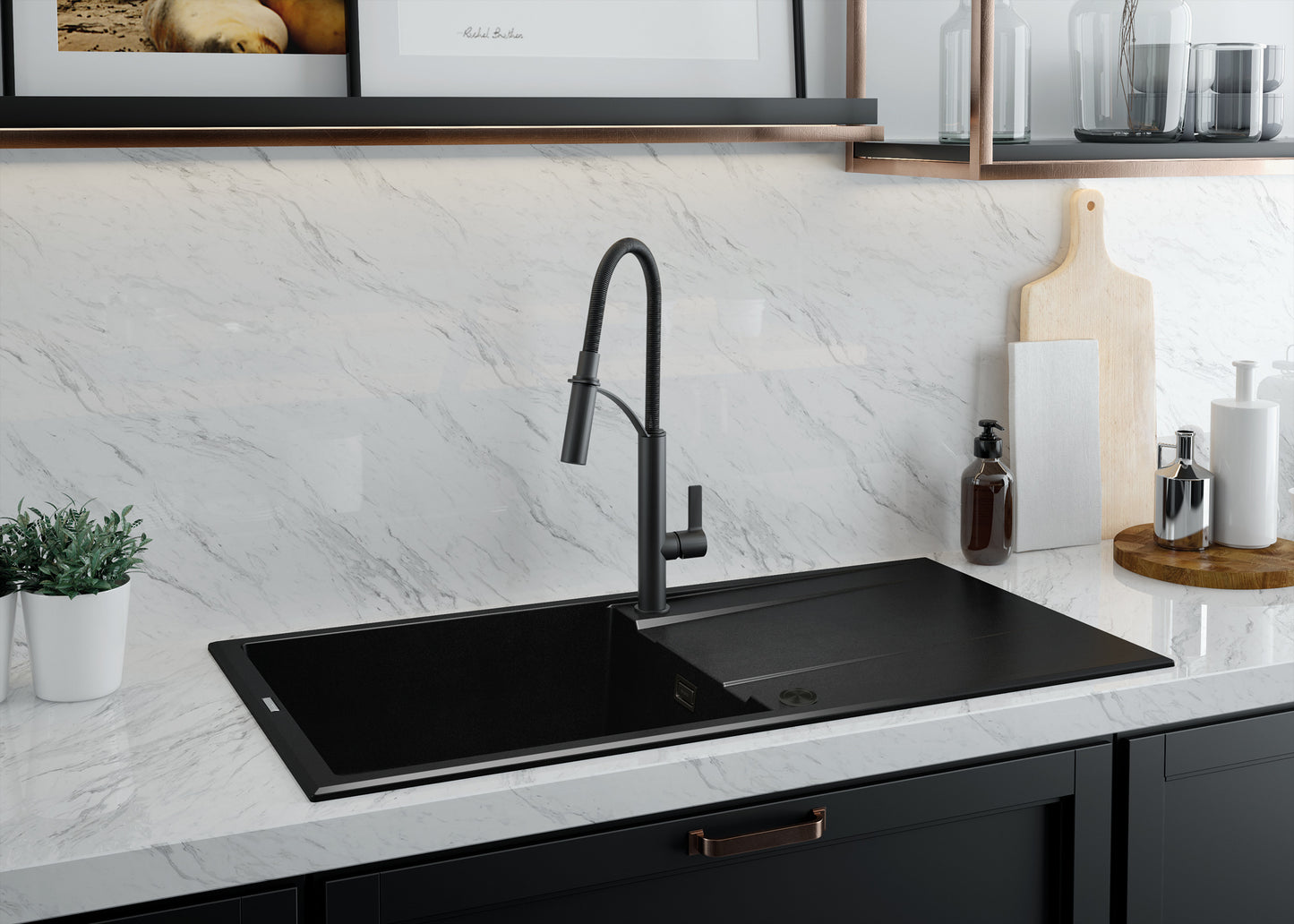 Deante ERIDAN Granitspüle 100 x 52 cm mit Abtropffläche und Siphon-Knopf Schwarz