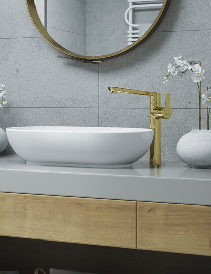 Deante ARNIKA Waschtischarmatur hoch mit seitlichem Hebel Gold