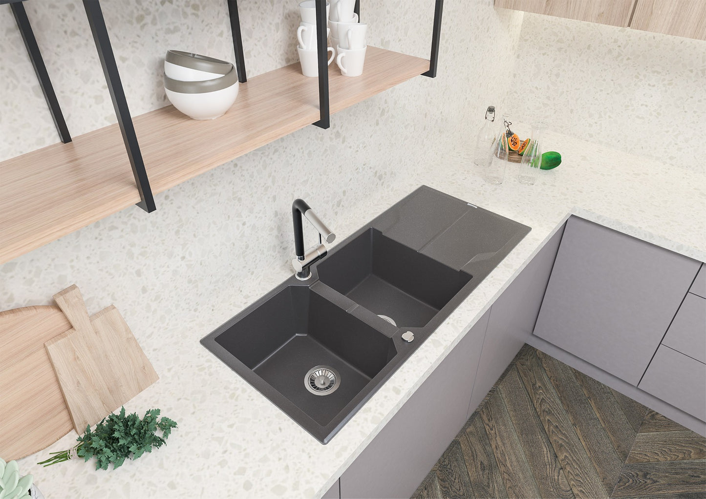 Deante ANDANTE Einbauspüle aus Granit mit Abtropffläche 2-Becken 116 x 50 cm Anthrazit Metallic