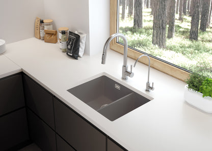 Deante ERIDAN Küchenspüle aus Granit 1,5-Becken 60 x 52 cm Excenterbetätigung Anthrazit Metallic
