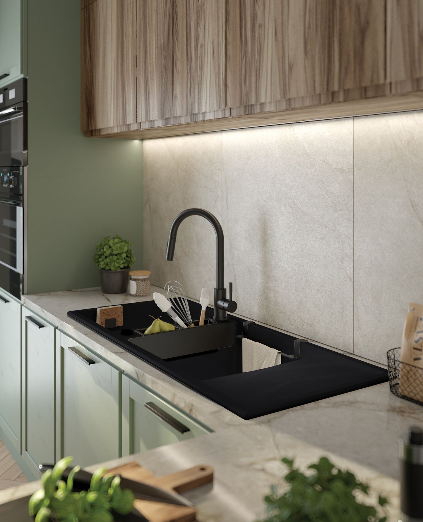 Deante MAGNETIC Granitspüle mit modularer Ablagefläche 2-Becken 116 x 50 cm Schwarz