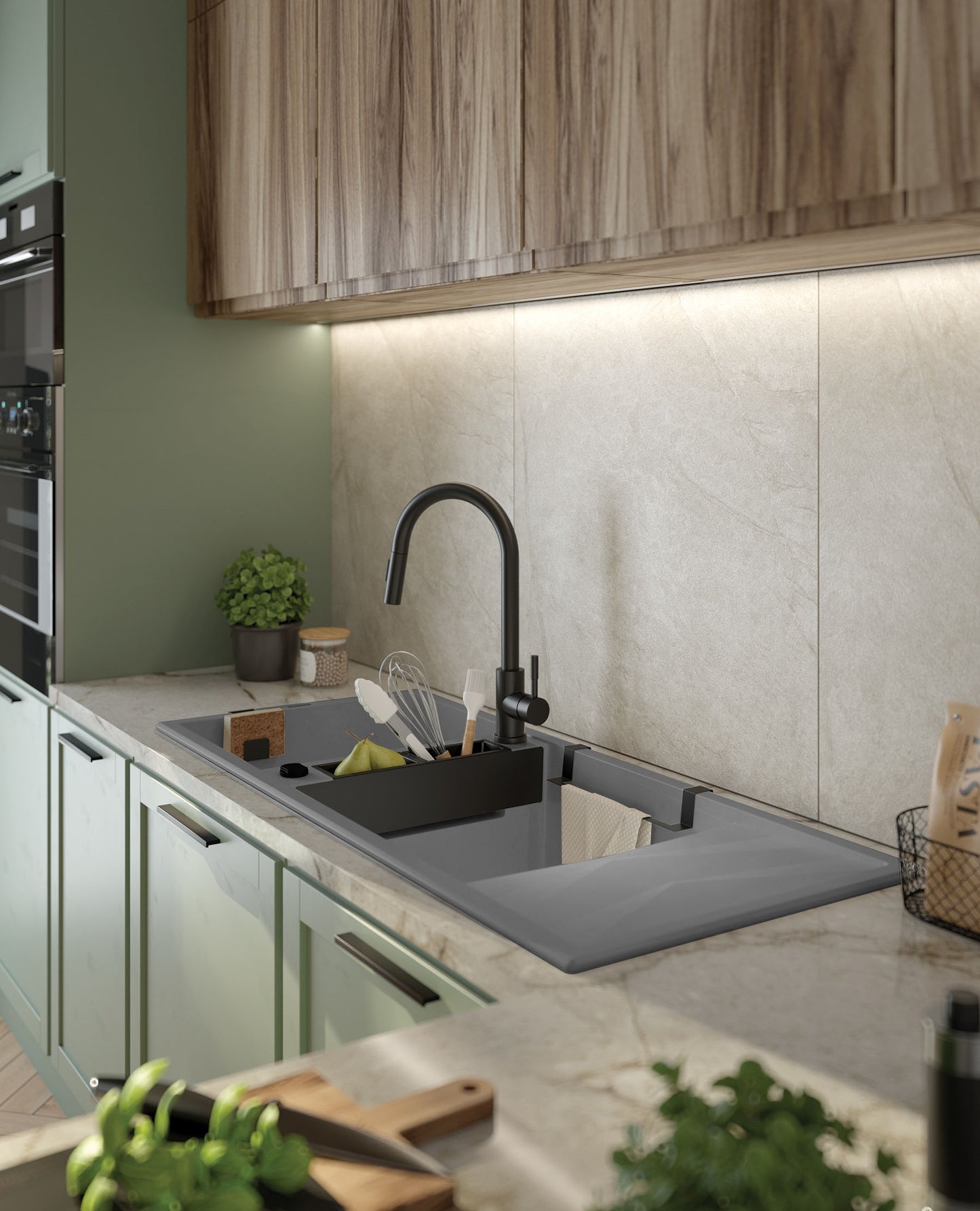 Deante MAGNETIC Granitspüle mit modularer Ablagefläche 2-Becken 116 x 50 cm Grau Metallic