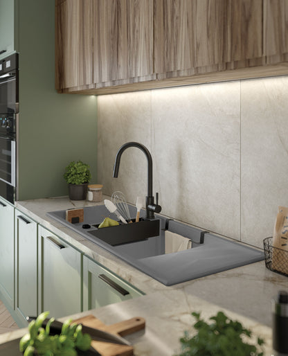 Deante MAGNETIC Granitspüle mit modularer Ablagefläche 2-Becken 116 x 50 cm Grau Metallic