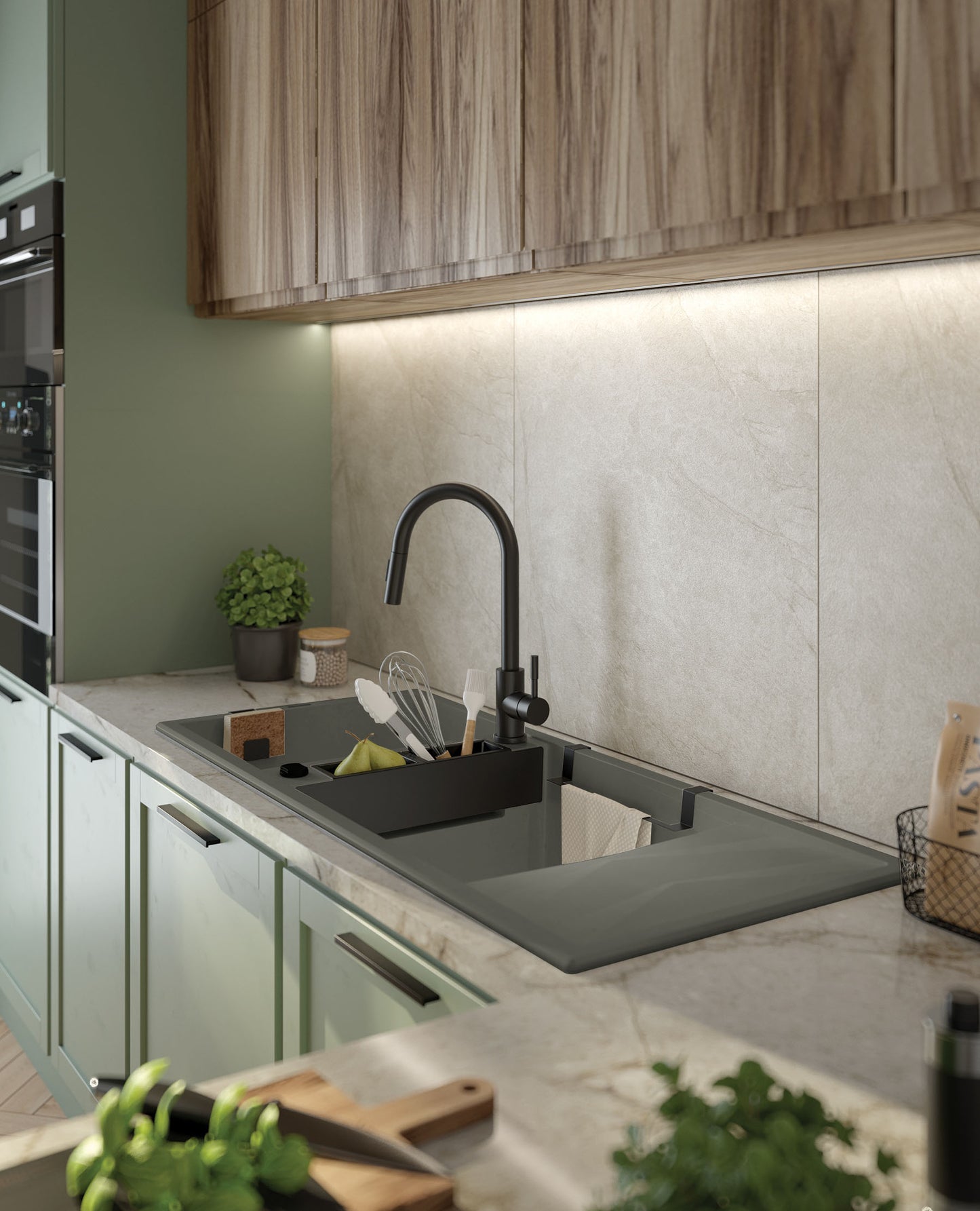 Deante MAGNETIC Granitspüle mit modularer Ablagefläche 2-Becken 116 x 50 cm Anthrazit Metallic