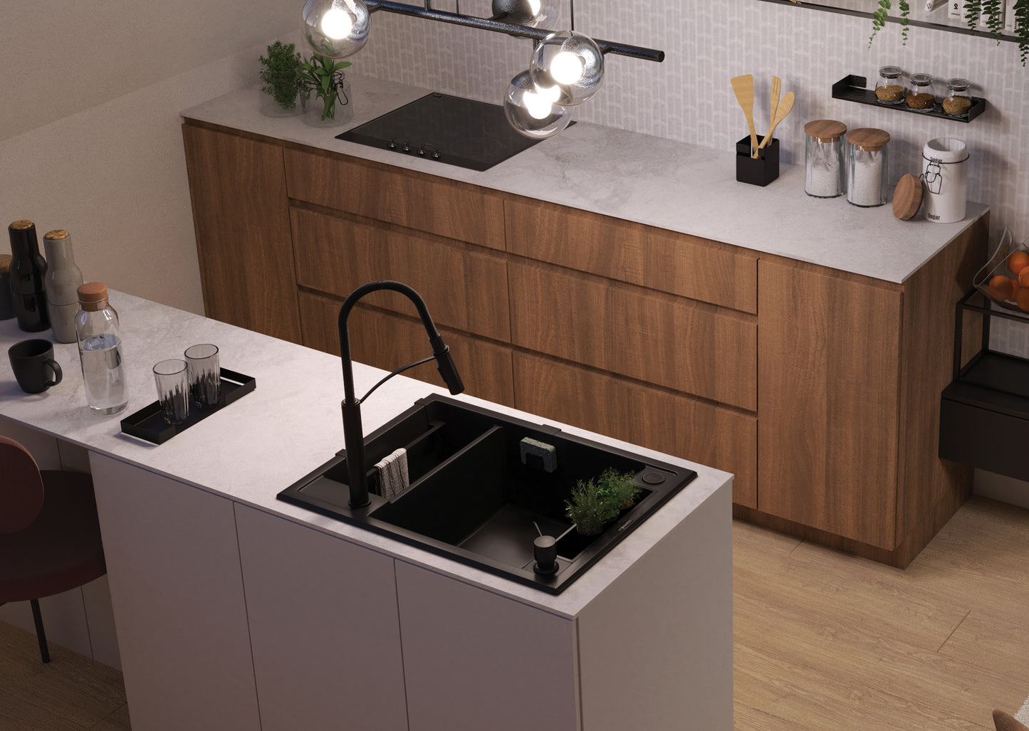 Deante MAGNETIC Granitspüle mit modularer Ablagefläche 1,5-Becken 69 x 50 cm Anthrazit Metallic