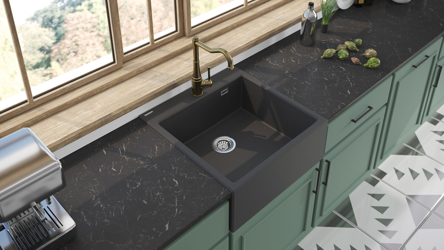 Deante ERIDAN Granit-Spülstein 60 x 61 cm 1-Becken automatische Abflusssperre Anthrazit Metallic