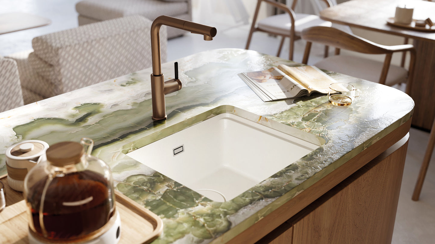 Deante MOMI Granitspüle mit tiefem Becken und Schneidebrett Alabaster