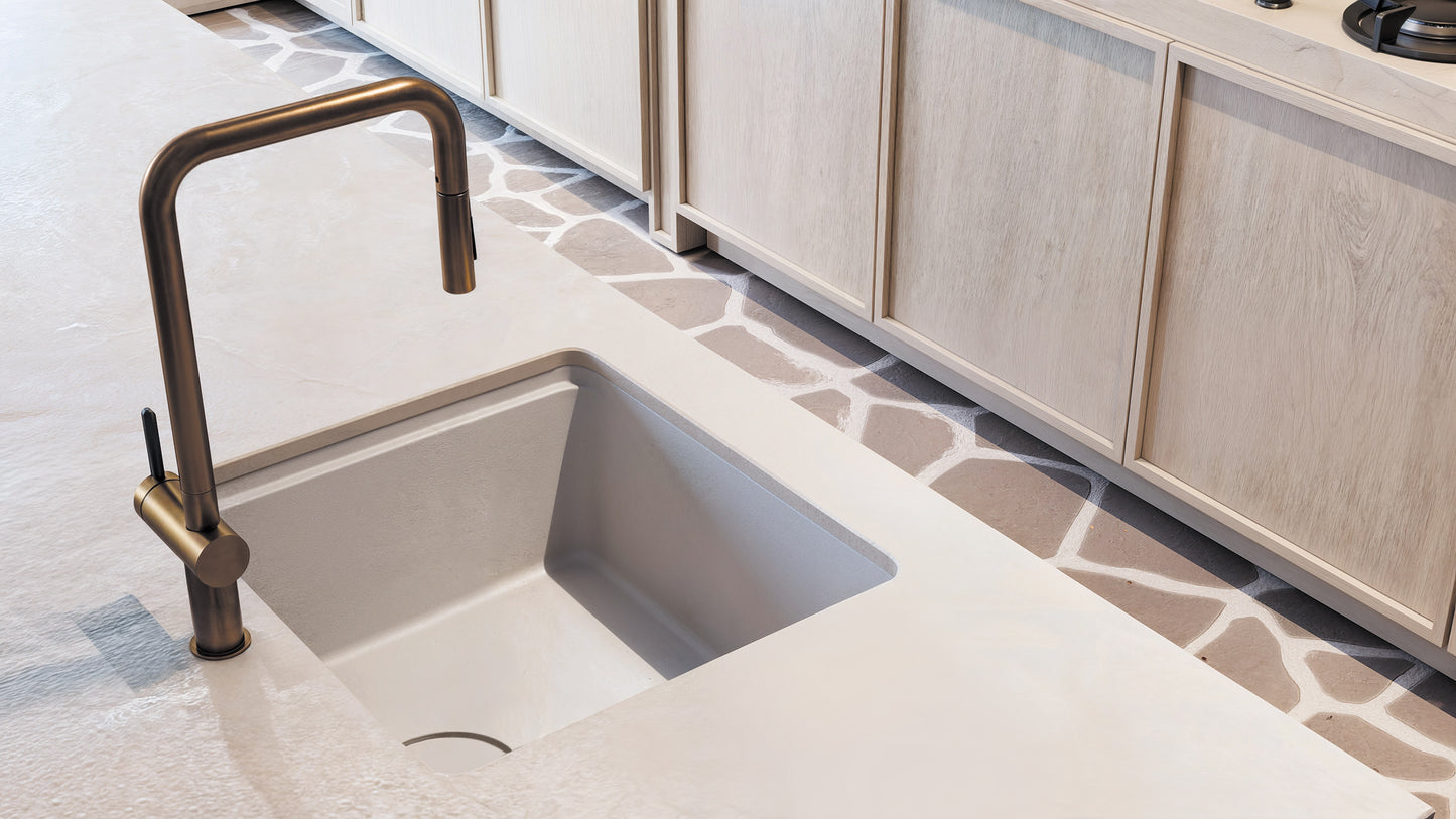 Deante MOMI Granitspüle mit tiefem Becken und Schneidebrett Alabaster