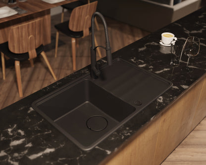 Deante MOMI Granitspüle 78 x 50 cm mit Abtropfbereich und Schneidebrett Schwarz
