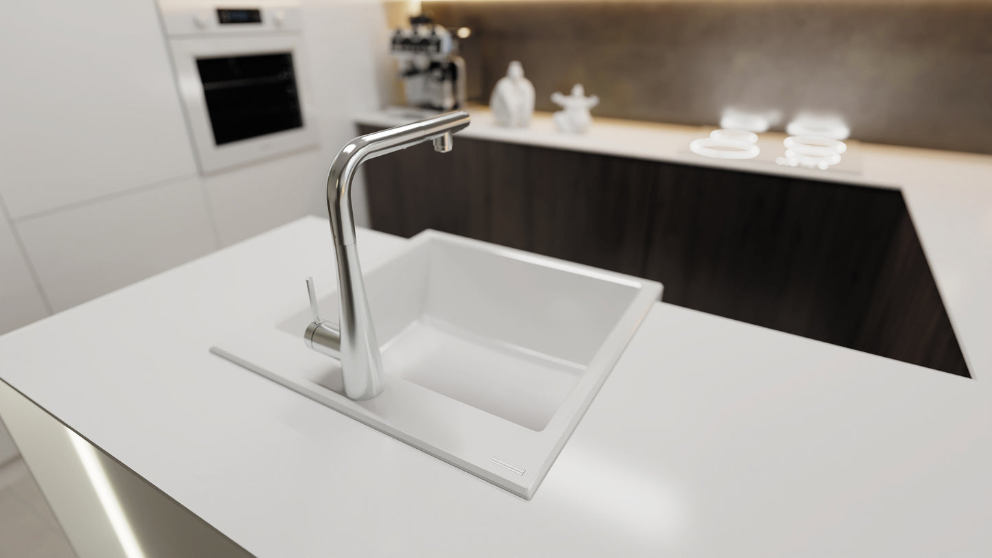 Deante ERIDAN Granit-Spülstein 60 x 61 cm 1-Becken automatische Abflusssperre Alabaster