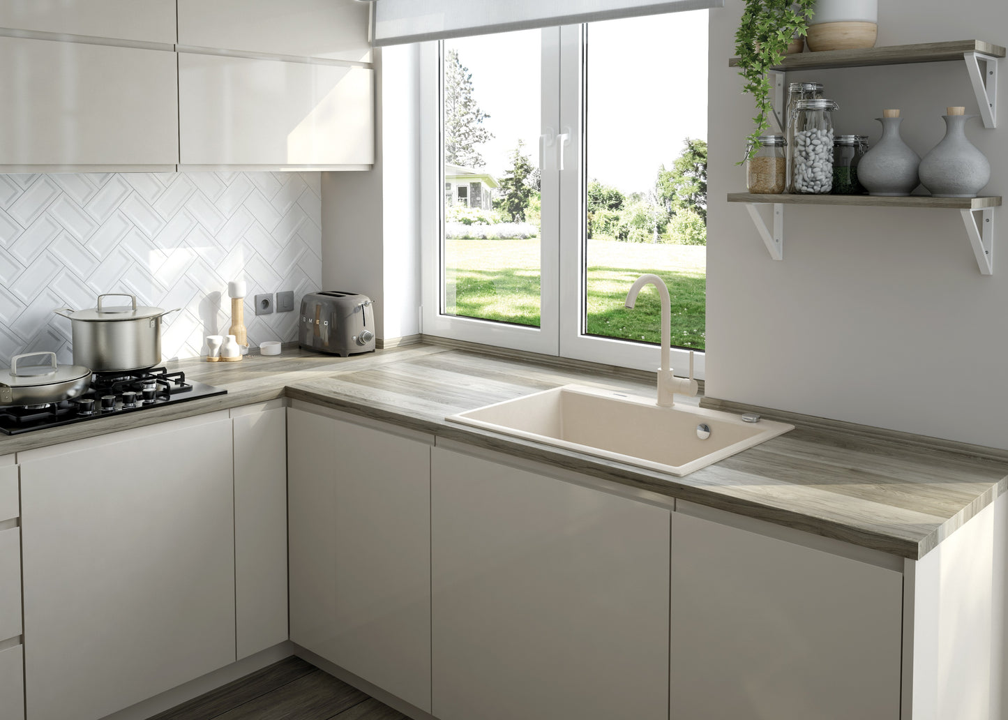 Deante ANDANTE Granitspüle 60 x 52 cm 1-Becken rechteckig mit Raumsparsiphon Alabaster