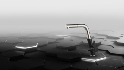Deante SILIA Design-Küchenarmatur mit ausziehbarer Handbrause Schwarz / Stahl gebürstet