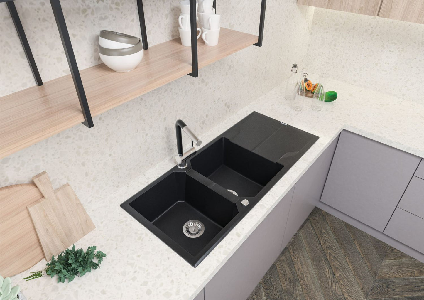 Deante ANDANTE Einbauspüle aus Granit mit Abtropffläche 2-Becken 116 x 50 cm Graphit Metallic