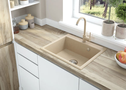 Deante ANDANTE Granitspüle 60 x 52 cm 1-Becken rechteckig mit Raumsparsiphon Beige