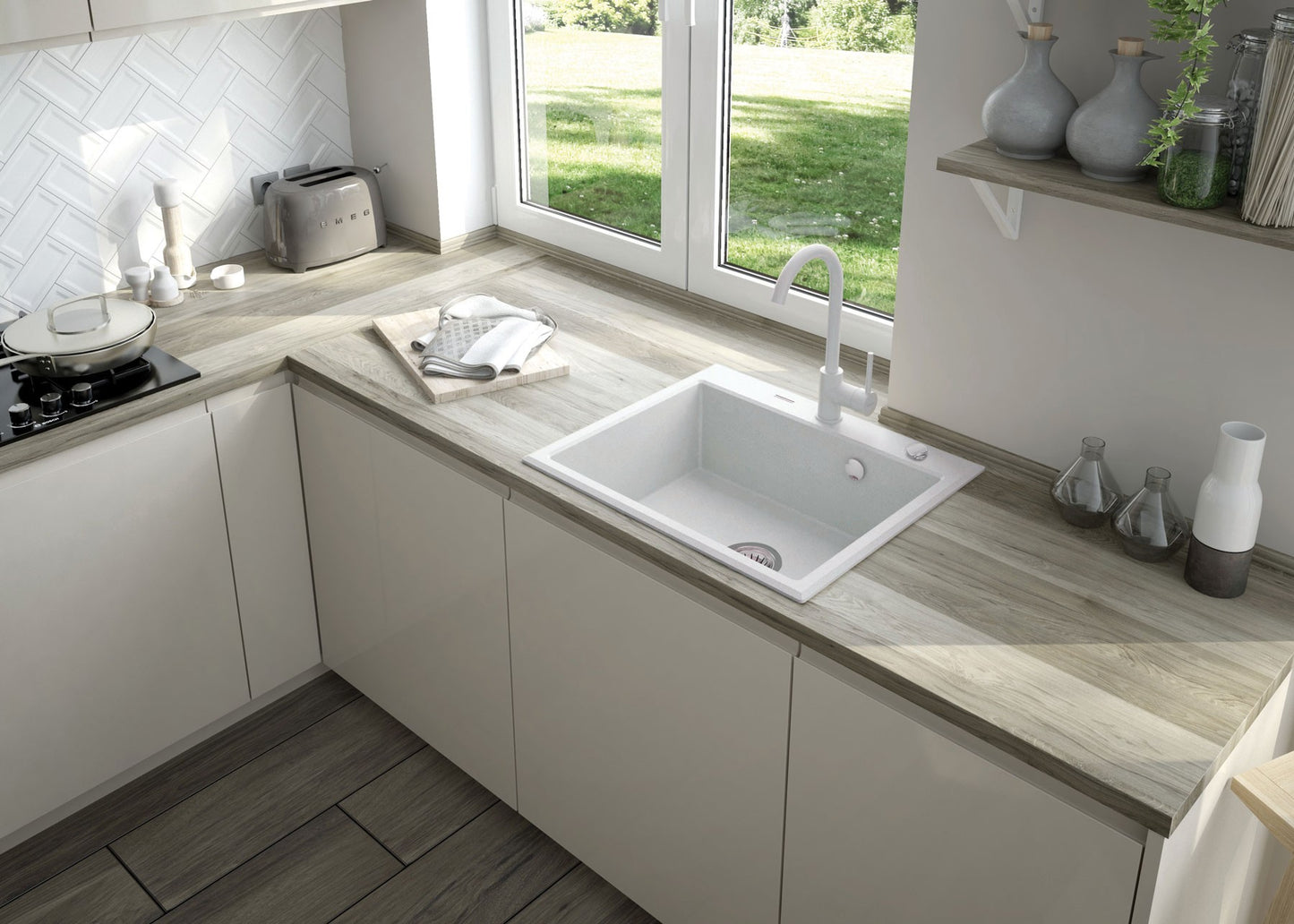 Deante ANDANTE Granitspüle 60 x 52 cm 1-Becken rechteckig mit Raumsparsiphon Alabaster