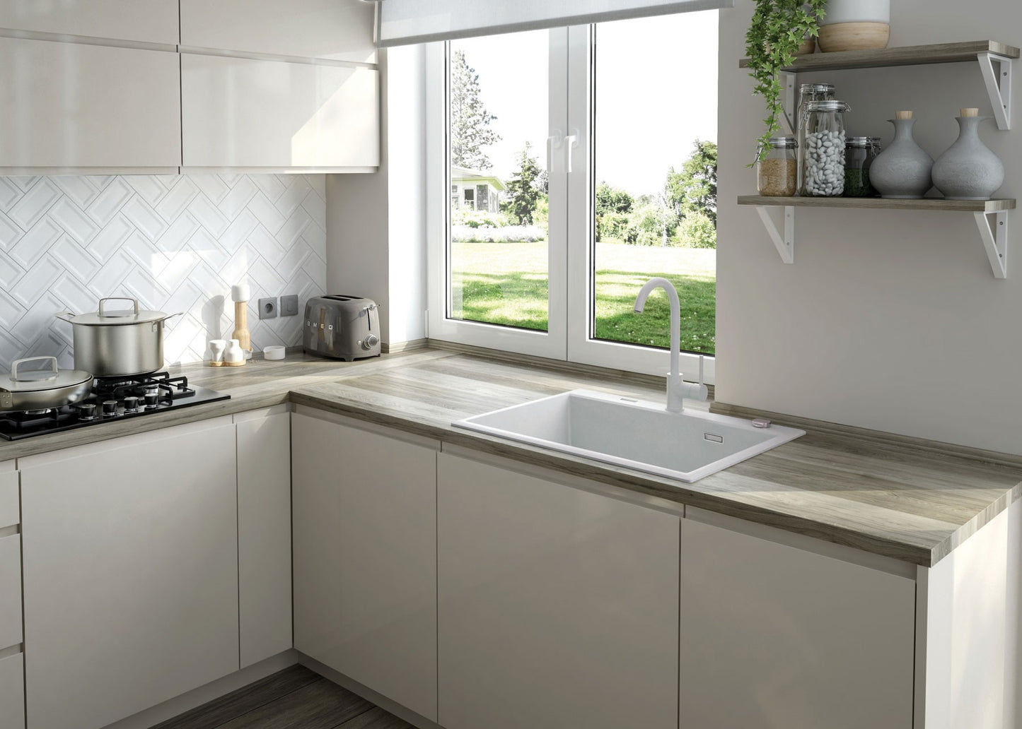 Deante ERIDAN Granitspüle 70 x 52 cm 1-Becken mit automatischer Abflusssperre Alabaster