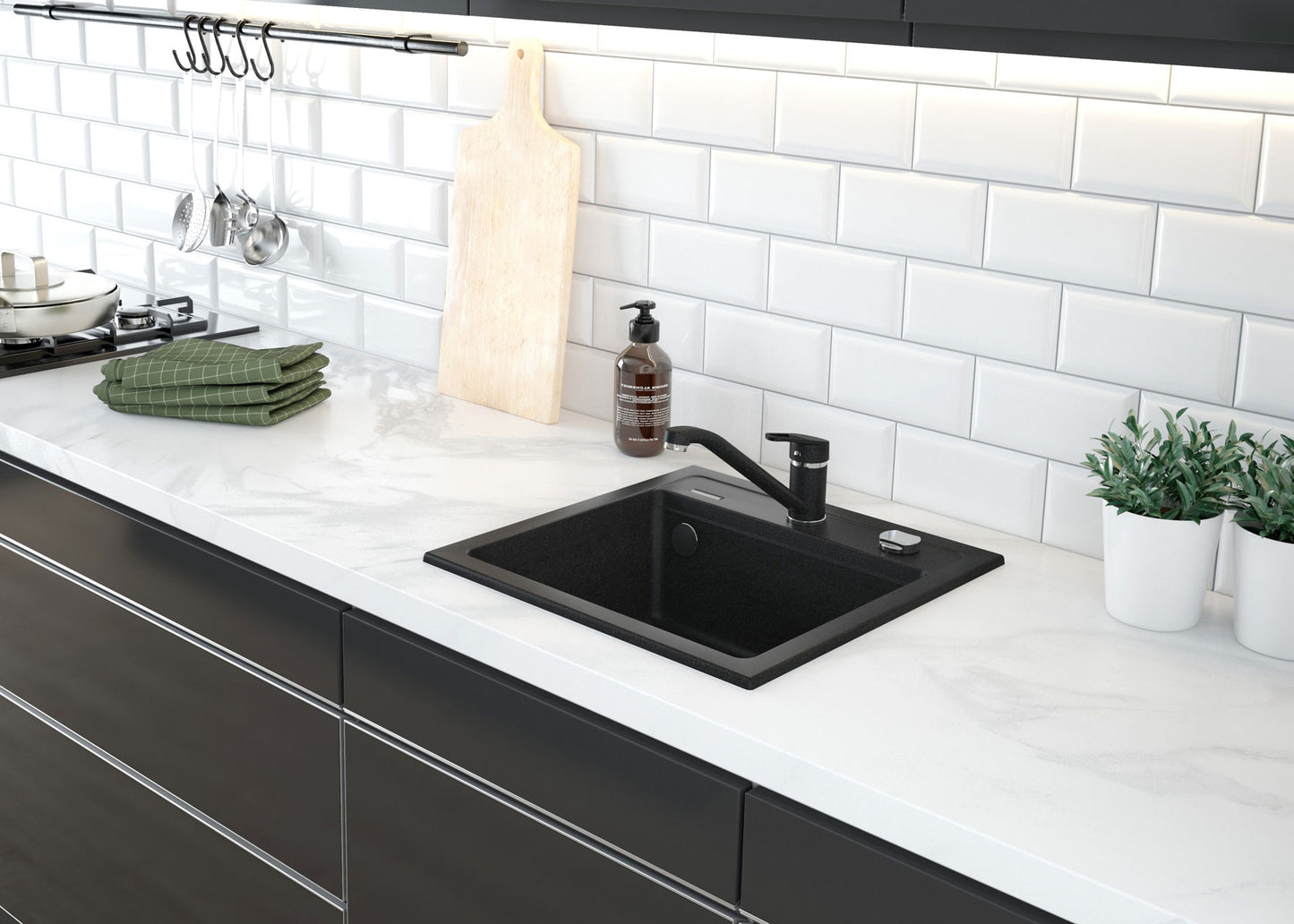 Deante ZORBA Granitspüle 1-Becken 44 cm quadratisch mit Siphon-Drehknopf Graphit