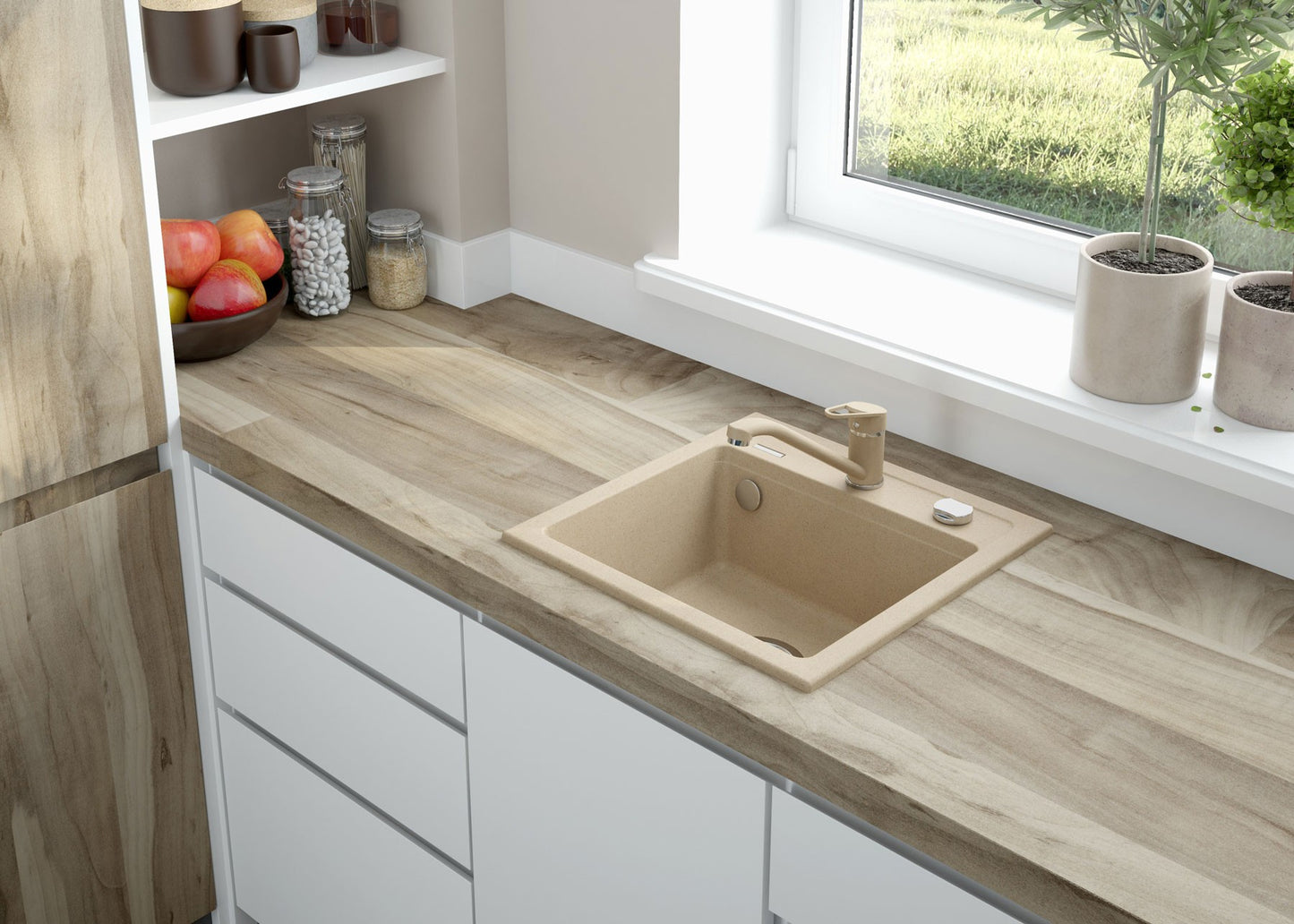 Deante ZORBA Granitspüle 1-Becken 44 cm quadratisch mit Siphon-Drehknopf Sand