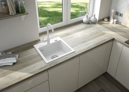 Deante ZORBA Granitspüle 1-Becken 44 cm quadratisch mit Siphon-Drehknopf Alabaster