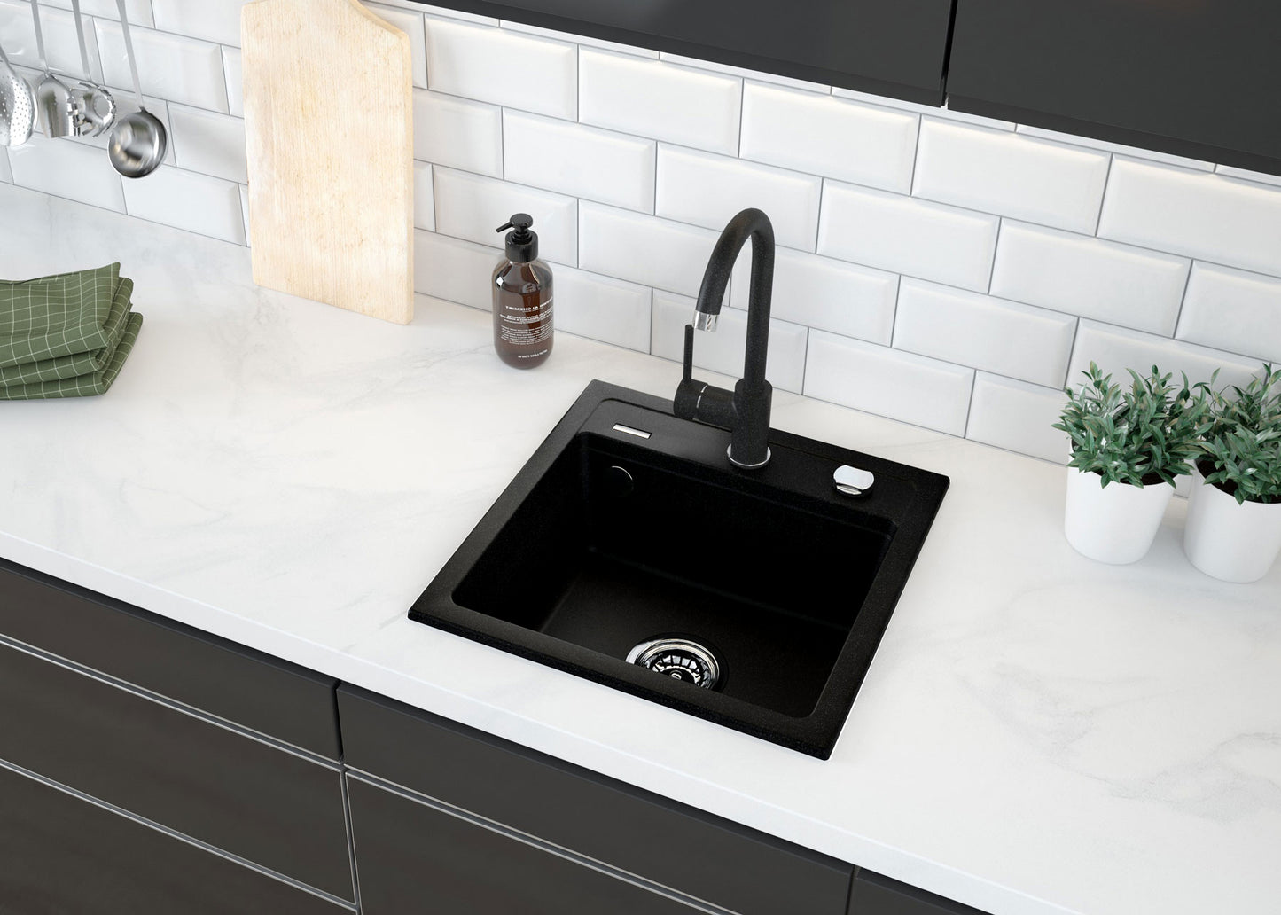 Deante ZORBA Granitspüle 1-Becken 44 cm quadratisch mit Siphon-Drehknopf Schwarz