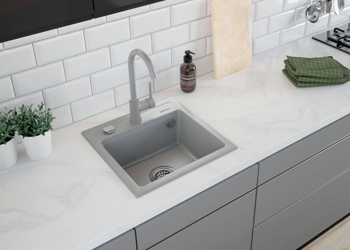 Deante ZORBA Granitspüle 1-Becken 44 cm quadratisch mit Siphon-Drehknopf Grau Metallic