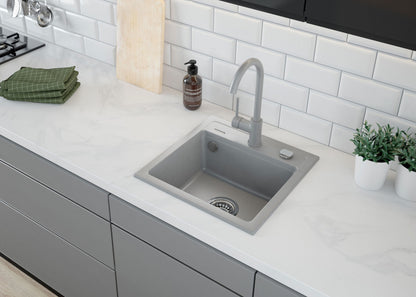 Deante ZORBA Granitspüle 1-Becken 44 cm quadratisch mit Siphon-Drehknopf Grau Metallic