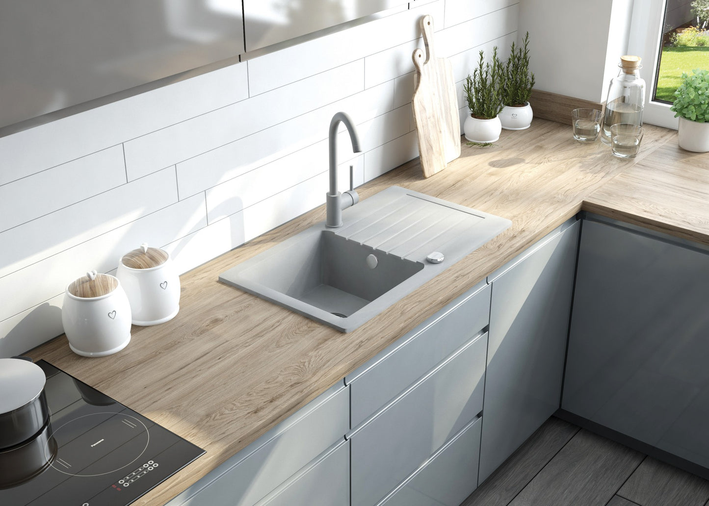 Deante ZORBA Granitspüle mit Abtropffläche + Armatur (Küchen-Set) 58 x 44 cm Anthrazit Metallic