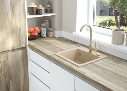 Deante ZORBA Granitspüle 1-Becken 44 cm quadratisch mit Siphon-Drehknopf Beige