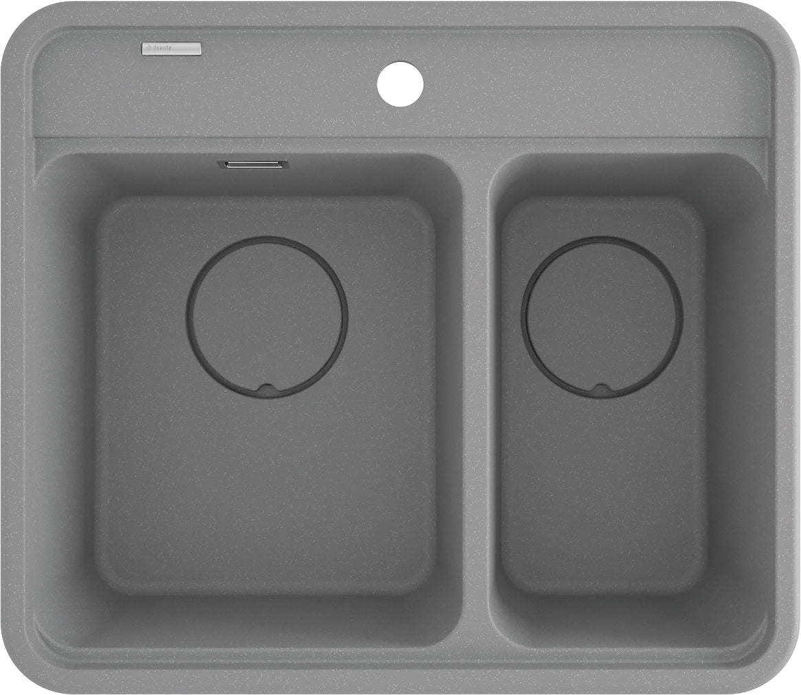 Deante MOMI Granitspüle 1,5-Becken 60 x 52 cm Auto-Stöpsel & Schneidebrett Grau Metallic