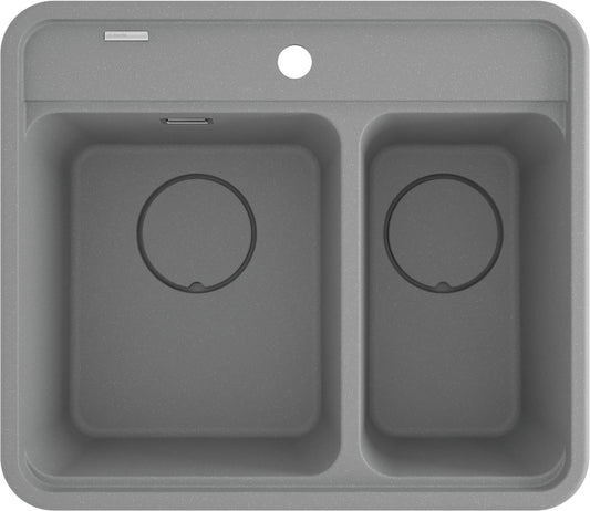 Deante MOMI Granitspüle 1,5-Becken 60 x 52 cm Auto-Stöpsel & Schneidebrett Grau Metallic