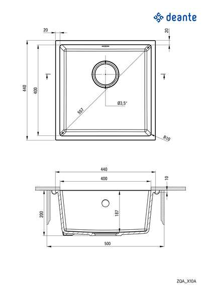 Deante CORDA Unterbau-Granitspüle 1-Becken 44 cm quadratisch Graphit Metallic