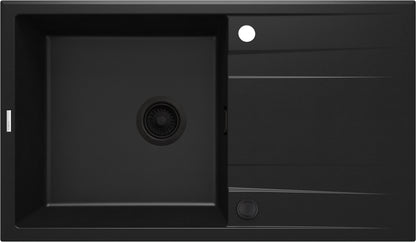Deante ERIDAN Granitspüle 86 x 50 cm mit Abtropffläche und Siphon-Knopf Schwarz