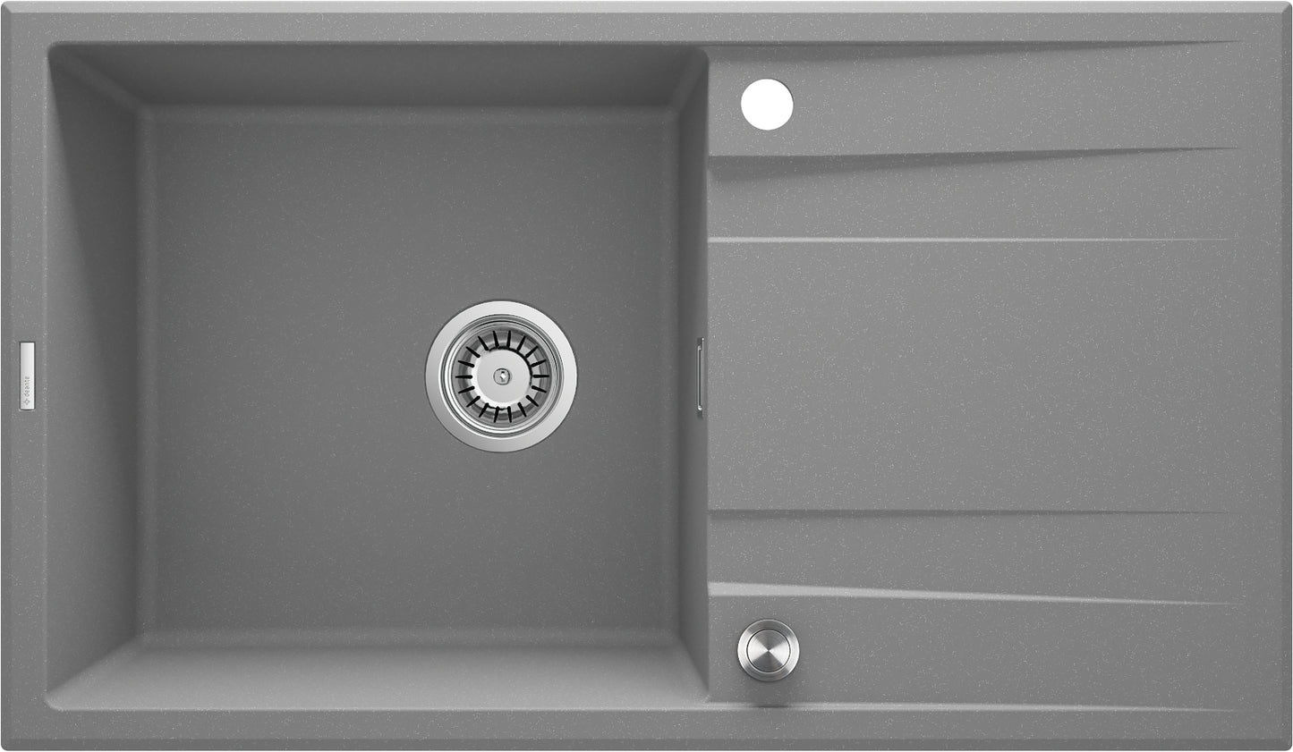 Deante ERIDAN Granitspüle 86 x 50 cm mit Abtropffläche und Siphon-Knopf Grau Metallic