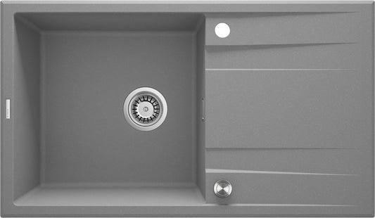 Deante ERIDAN Granitspüle 86 x 50 cm mit Abtropffläche und Siphon-Knopf Grau Metallic